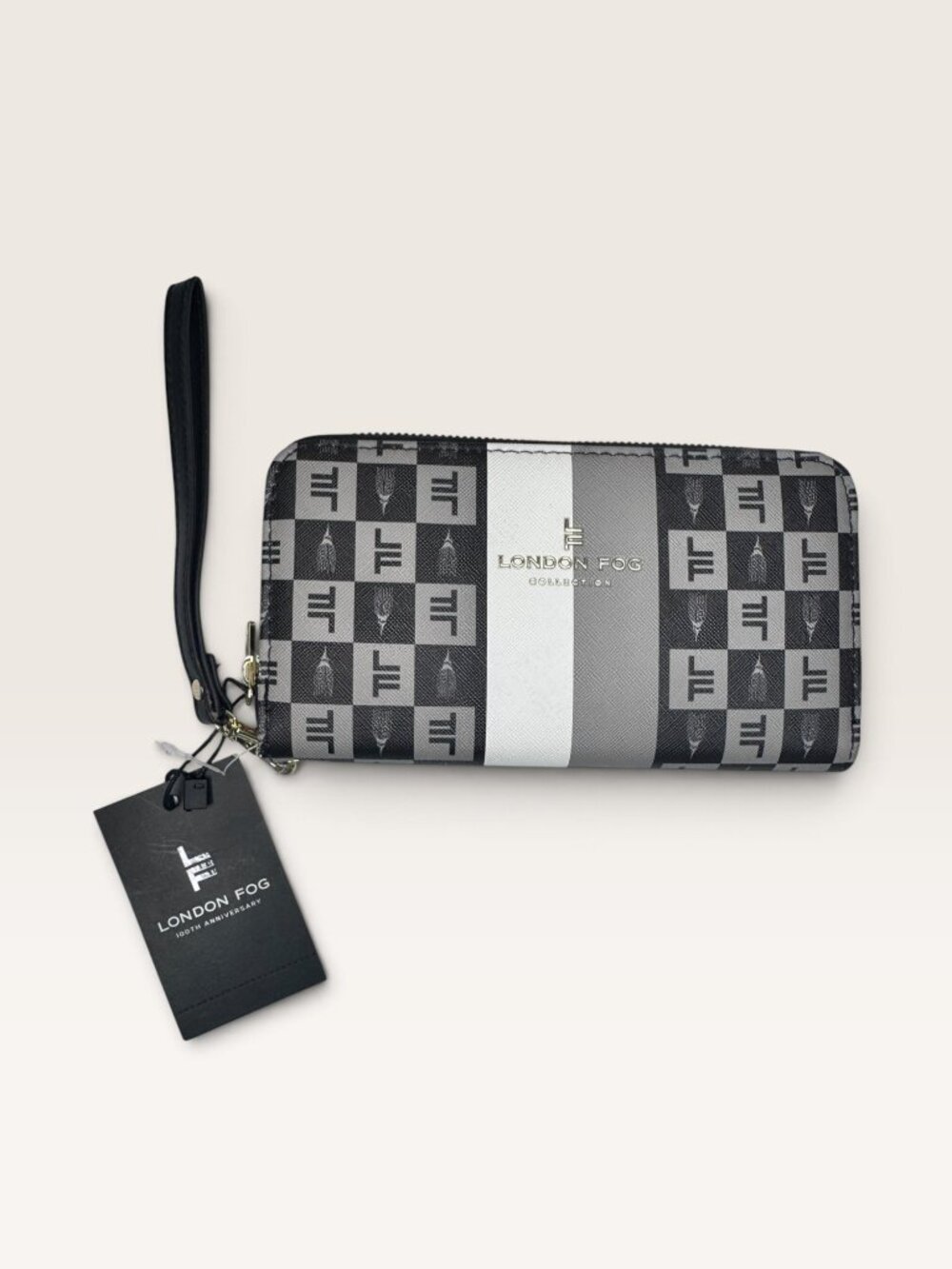 London Fog Adalia Signature Monogram Checked Zip Around Wristlet Wallet Black